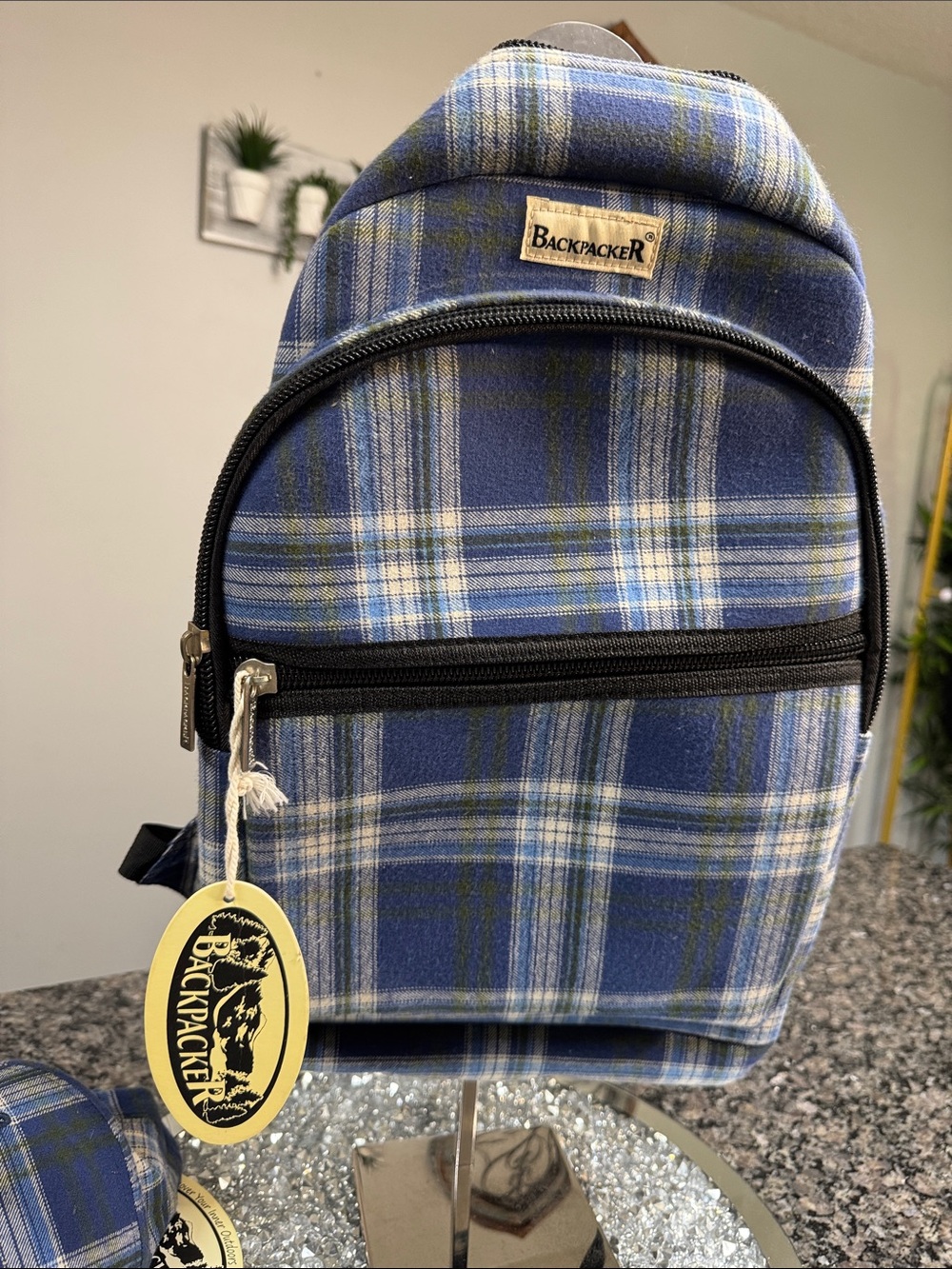 Backpacker Blue Plaid full size Backpack with Matching Cap NWT - Picture 2 of 15